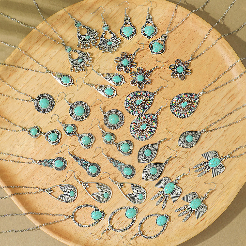 Fashion Turquoise Long Pendant Ear Rings Suit